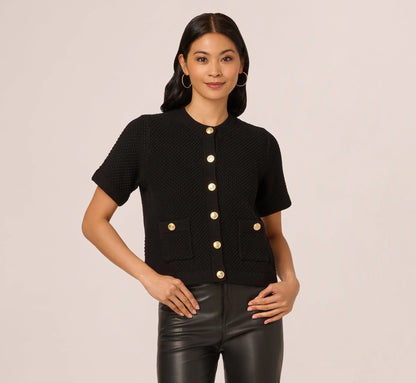 Short Sleeve Textured Cardigan Sweater In Black