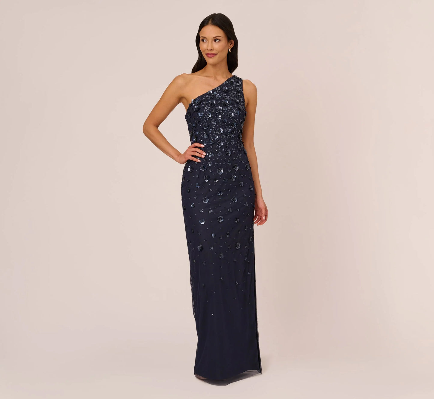3D Floral Hand-Beaded One-Shoulder Long Column Gown In Dusty Navy