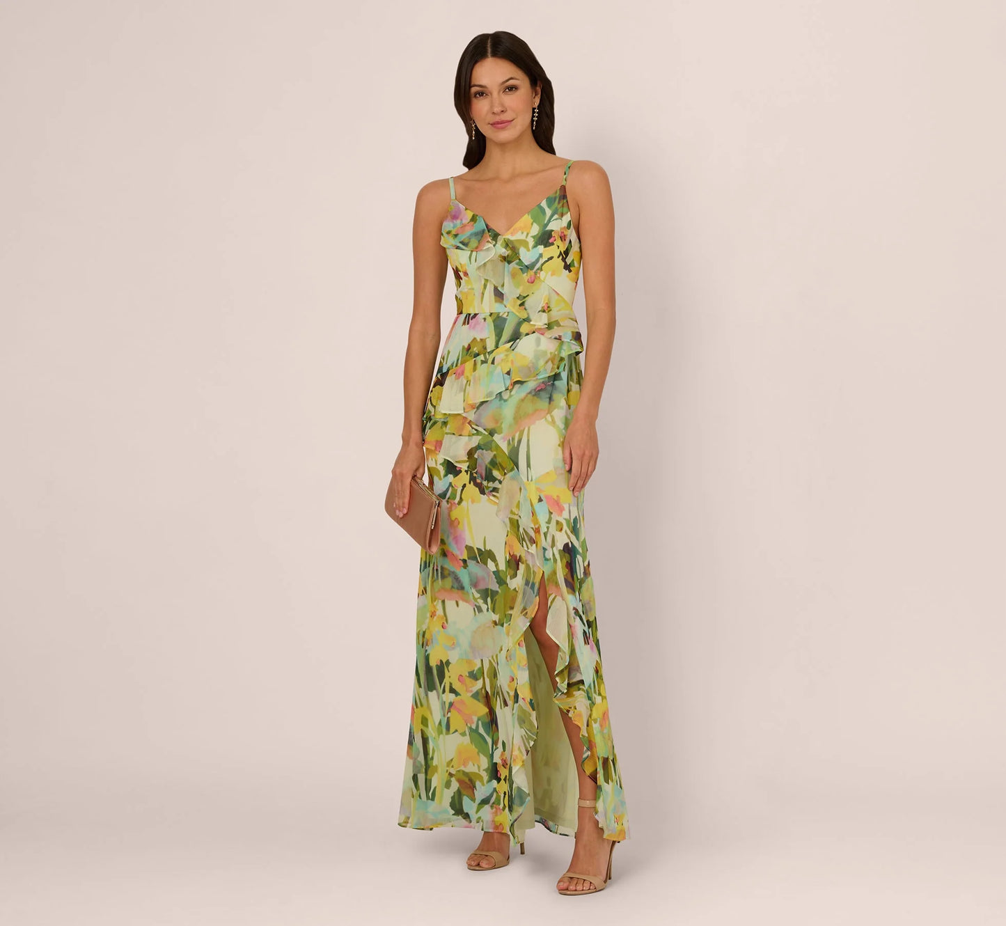 Sleeveless Floral Chiffon Ruffle Cascade Gown In Green Multi