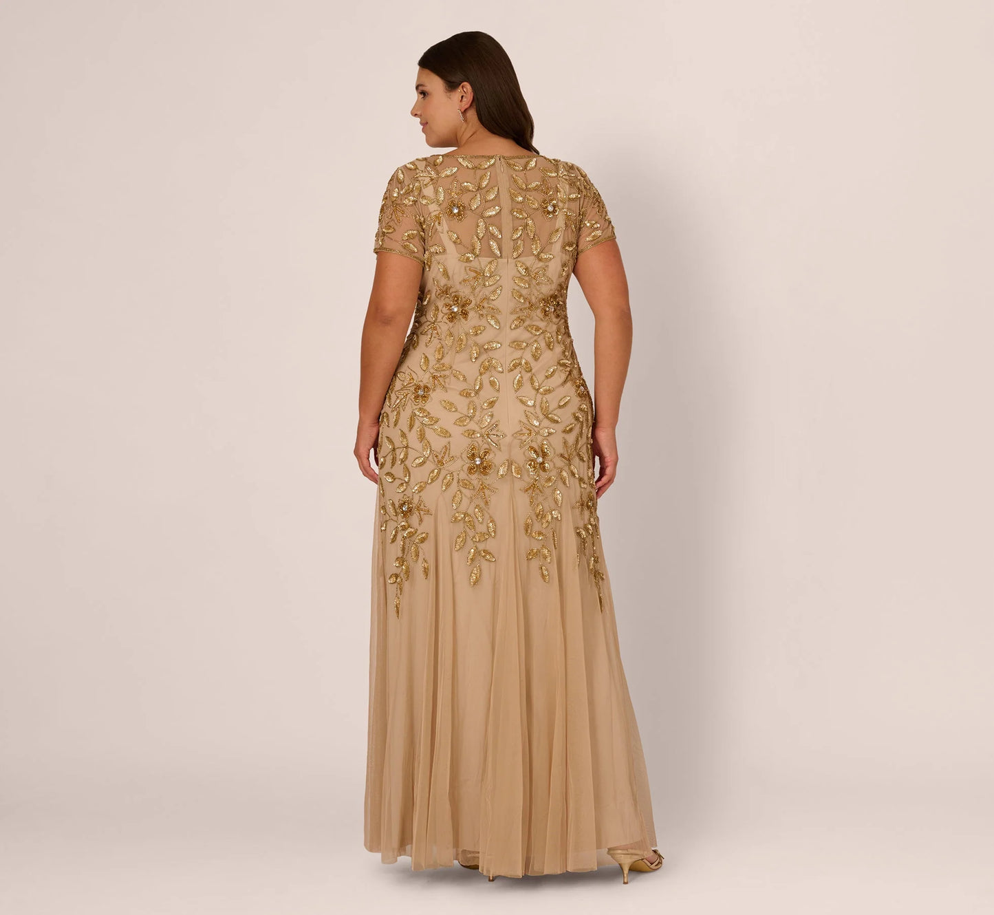 Plus Size Hand Beaded Short Sleeve Floral Godet Gown In Champagne Gold