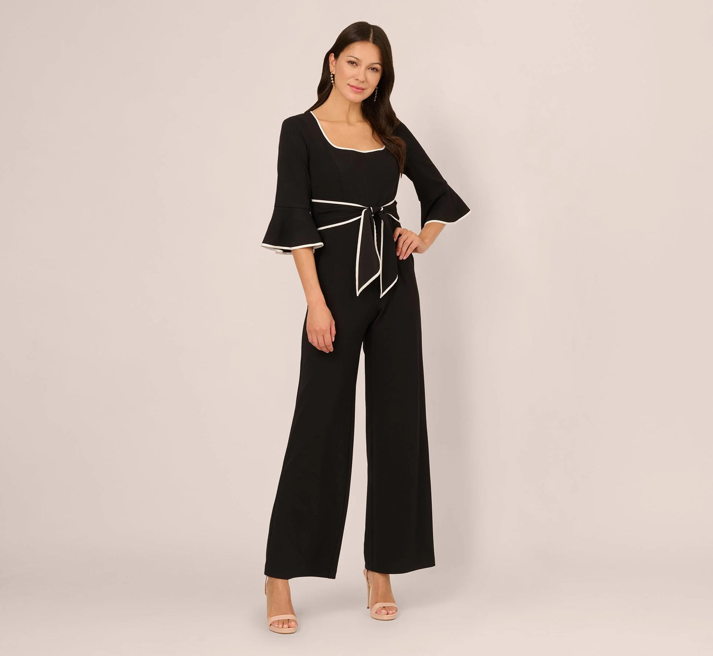 Bell Sleeve Tie Front Contrast Tipped Jumpsuit In Black Ivory