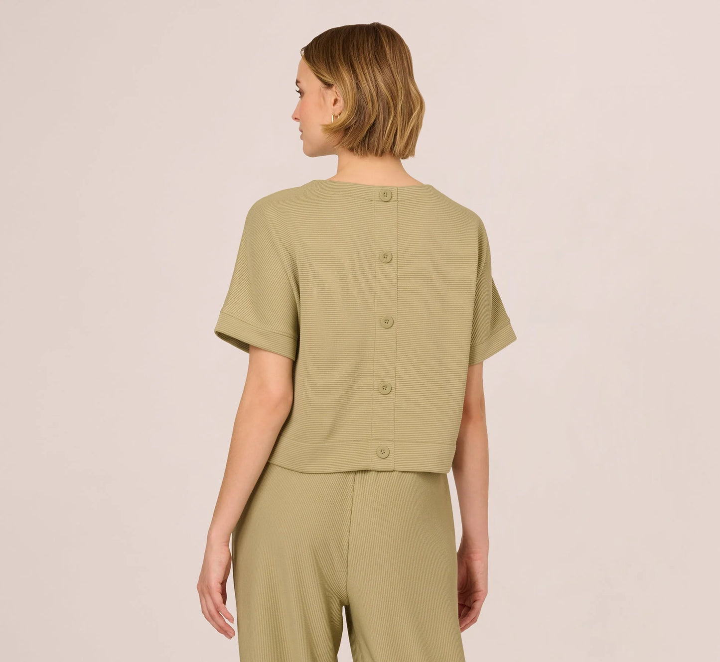 Short Sleeve Rib Knit Back Button Top In Dusty Sage Green