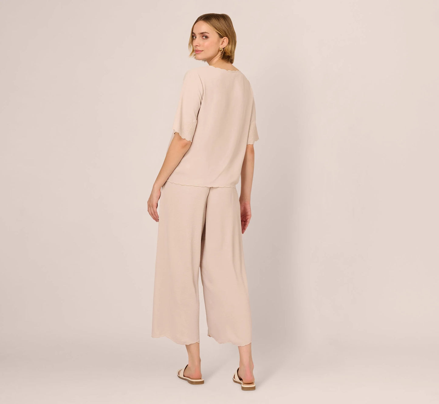 Embroidered Airflow Top And Wide Leg Pant Set In Pebble