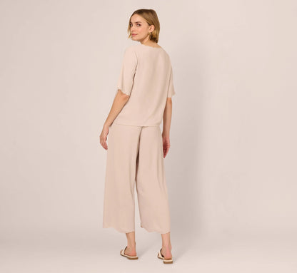 Embroidered Airflow Top And Wide Leg Pant Set In Pebble