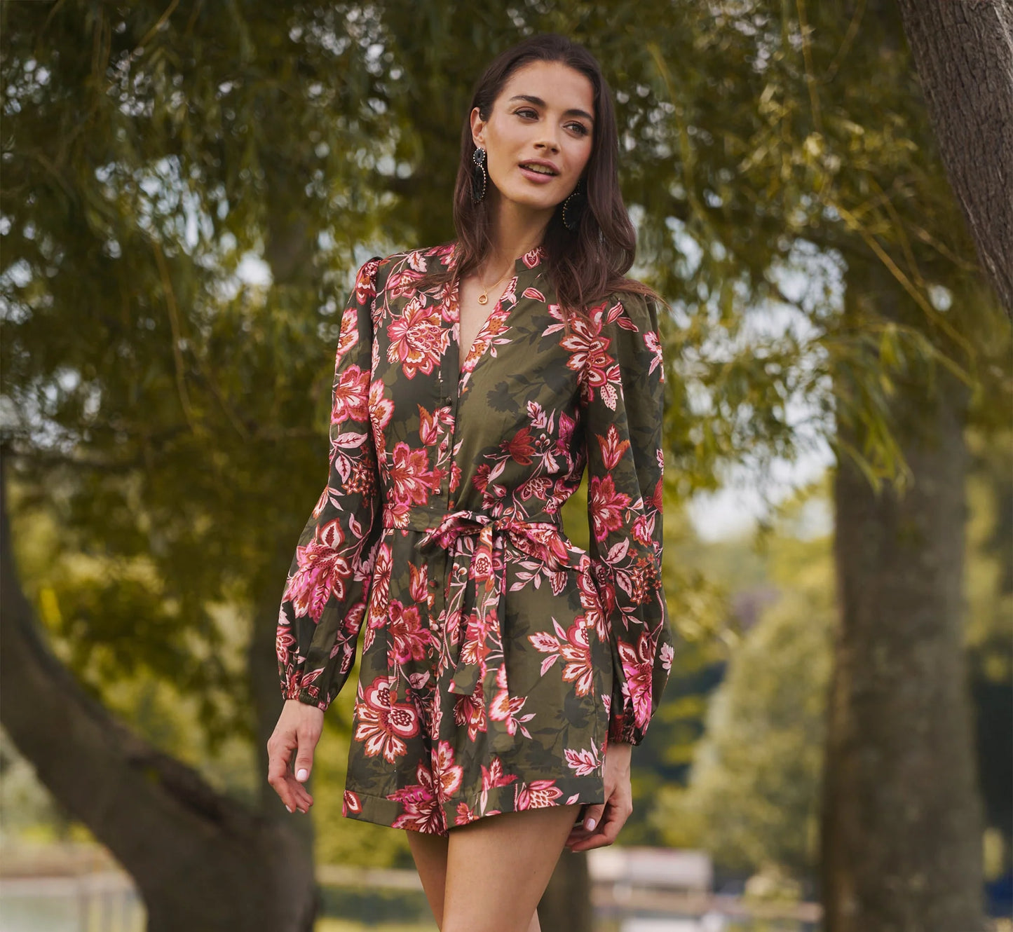 Bishop Sleeve Button Front Floral Romper In Olive Multi