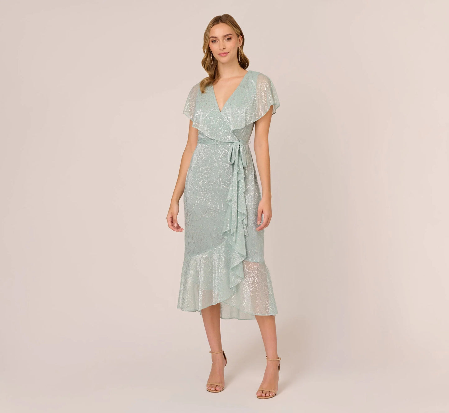 Floral Metallic Stencil Midi-Length Mermaid Dress With Capelet In Sea Glass