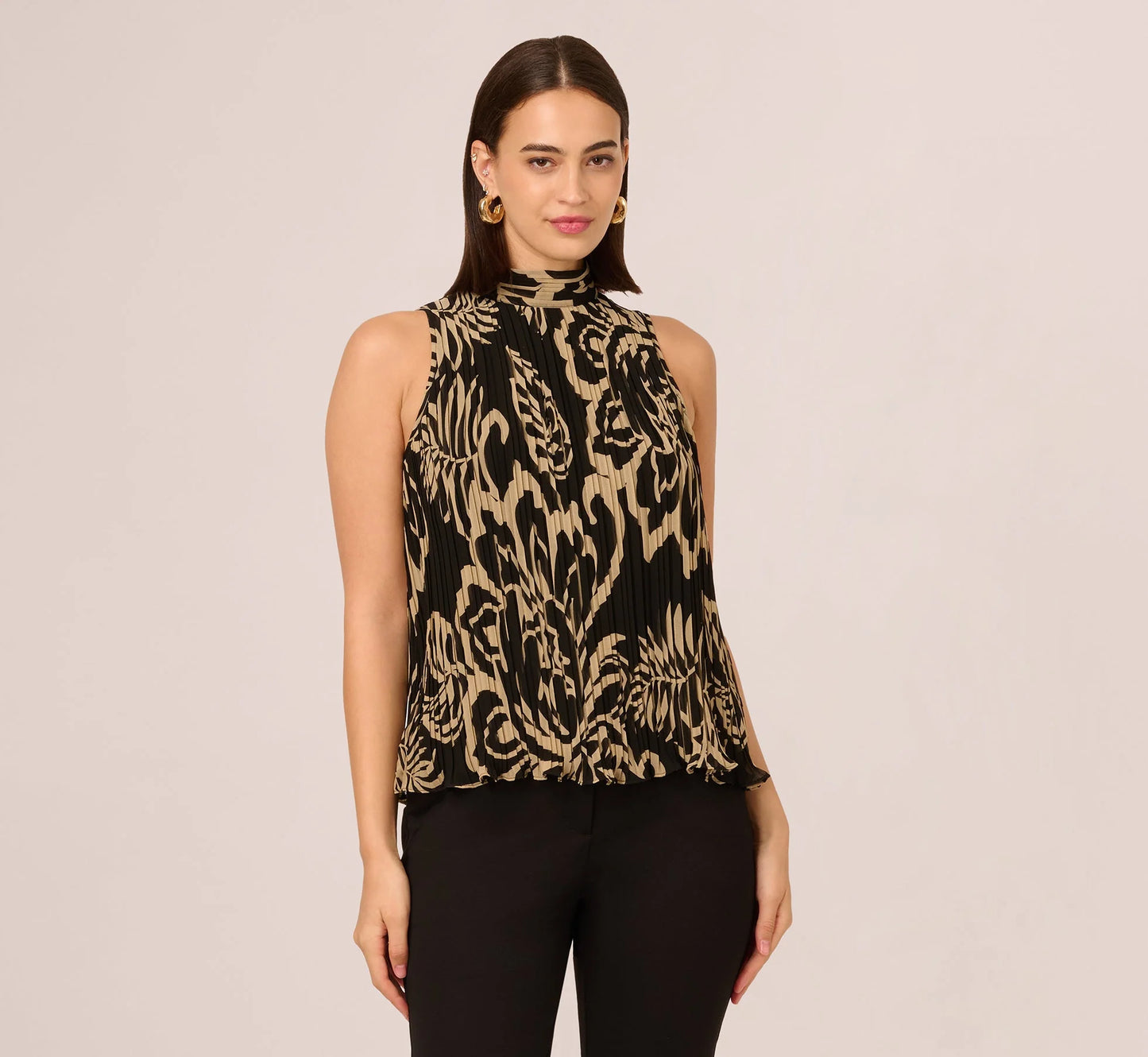 Pleated Floral Halter Top In Black Ornate Floral