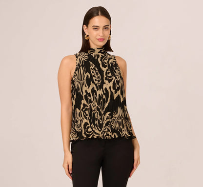 Pleated Floral Halter Top In Black Ornate Floral