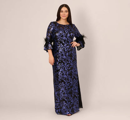 Plus Size Sequin Embroidered Gown In Black Blue