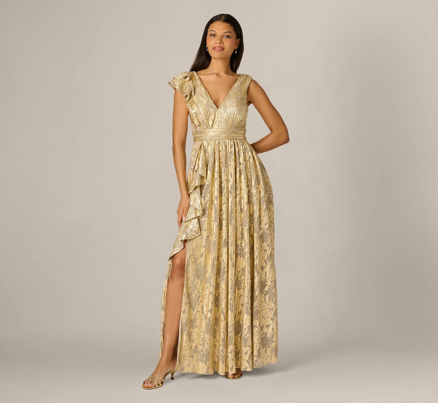 Sleeveless Metallic Crinkle Ruffle Gown In Champagne Gold