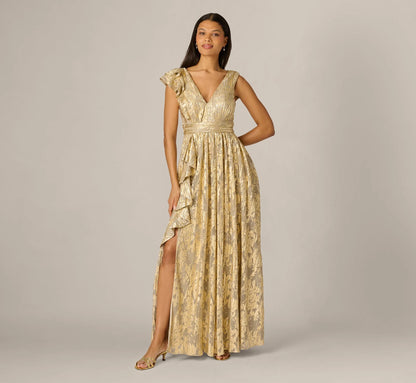 Sleeveless Metallic Crinkle Ruffle Gown In Champagne Gold