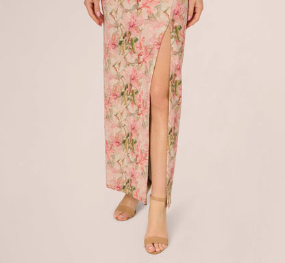 Sleeveless Metallic Floral Matelasse Gown In Coral Multi