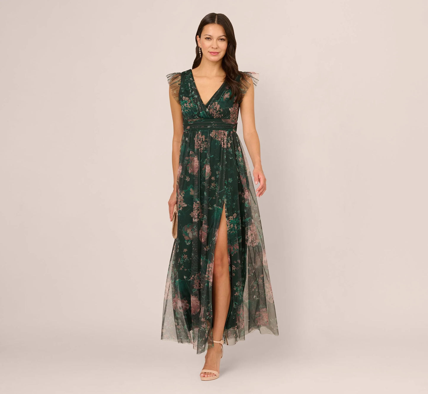 Flutter Sleeve Floral Tulle Maxi Dress In Hunter Multi