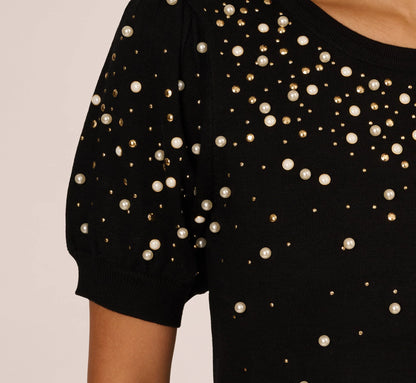 Puff Sleeve Pearly Embellished Sweater In Black