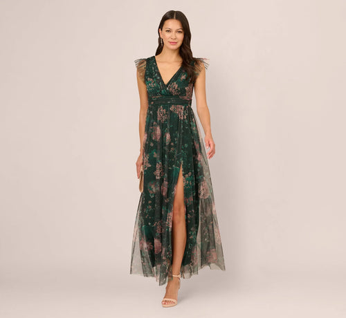 Flutter Sleeve Floral Tulle Maxi Dress In Hunter Multi