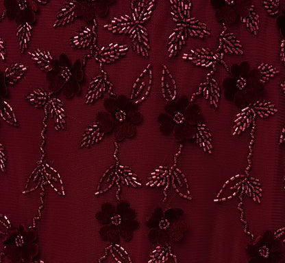 Velvet Floral Beaded Gown With Sheer Tank Straps In Mahogany