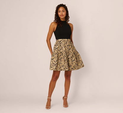 Sleeveless Jacquard Flounce Combo Dress In Black Gold