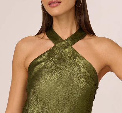 Foiled Mermaid Gown With Halter Neckline In Dark Olive