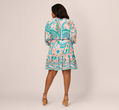 Plus Size Long Sleeve Retro Printed A Line Dress In Peach Multi