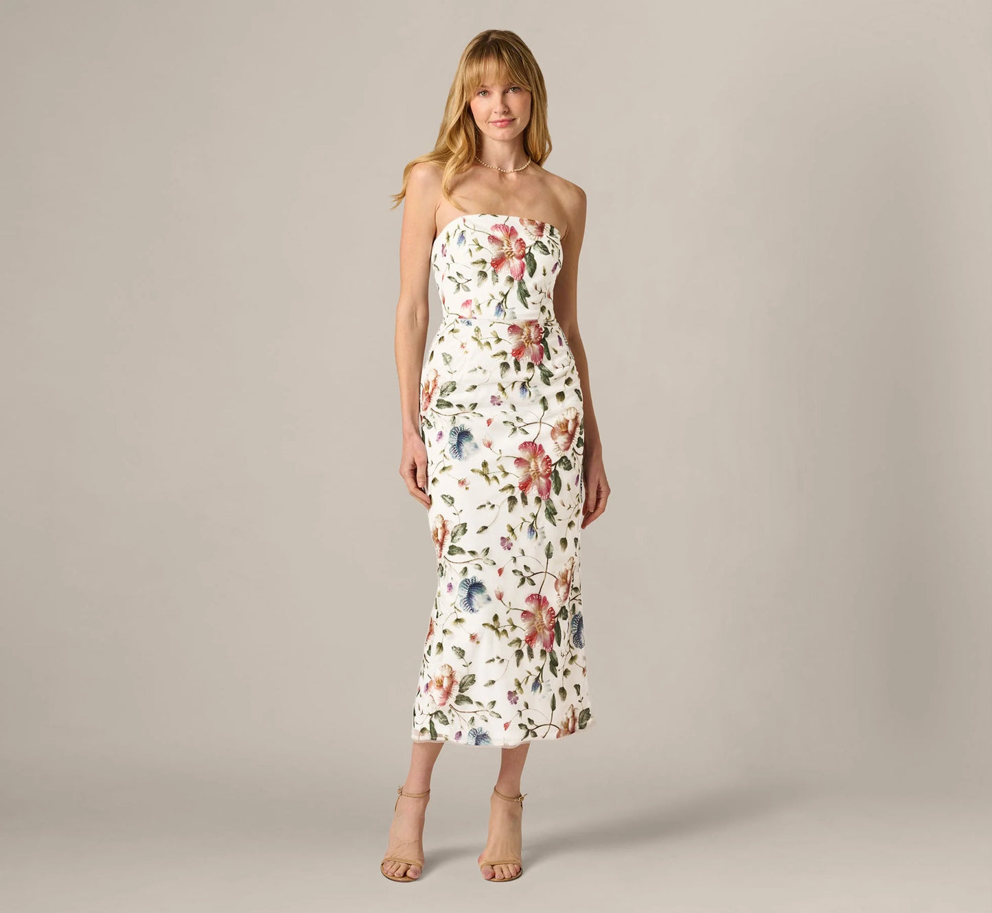 Strapless Floral Beaded Embroidery Midi Dress In Ivory Multi