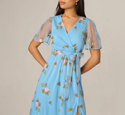 Floral Embroidered Maxi Dress With Sheer Flutter Sleeves In Light Blue Multi