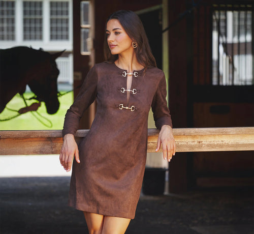 Long Sleeve Microsuede Shift Dress In Dark Brown