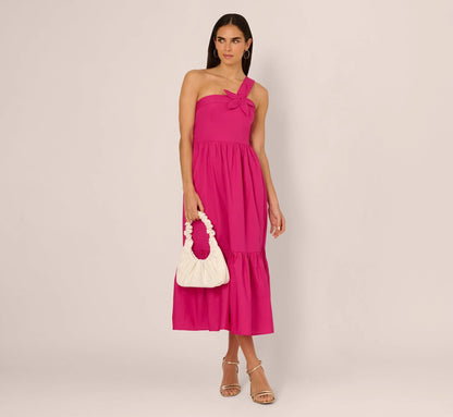 One Shoulder Floral Applique Cotton Midi Dress In Pink