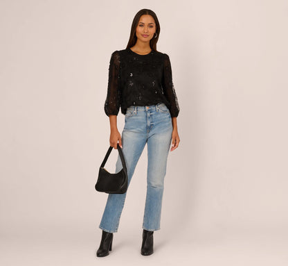 Three Quarter Sleeve Sequin Bead Top In Black