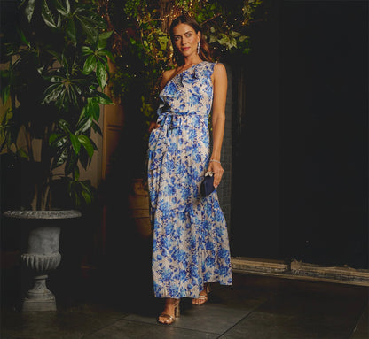 One Shoulder Metallic Stripe Floral Maxi Dress In Champagne Blue Multi