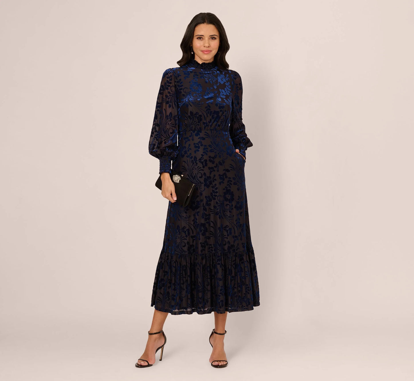 Long Sleeve Floral Velvet Burnout Midi Dress In Light Navy