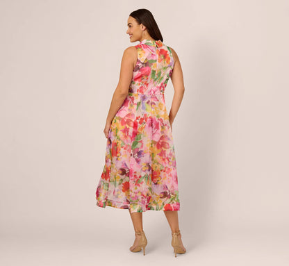 Plus Size Sleeveless Floral Organza Collared High Low Dress In Pink Multi