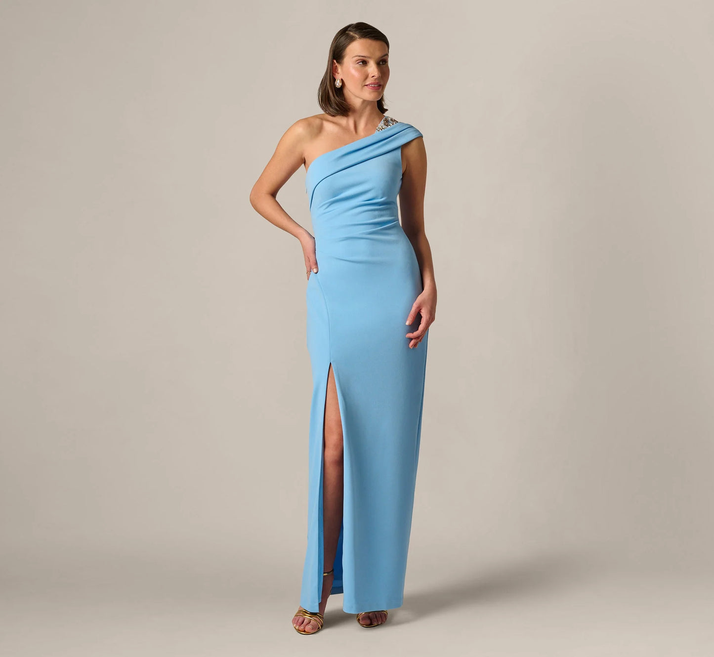 Beaded One Shoulder Stretch Column Gown In Waterfall