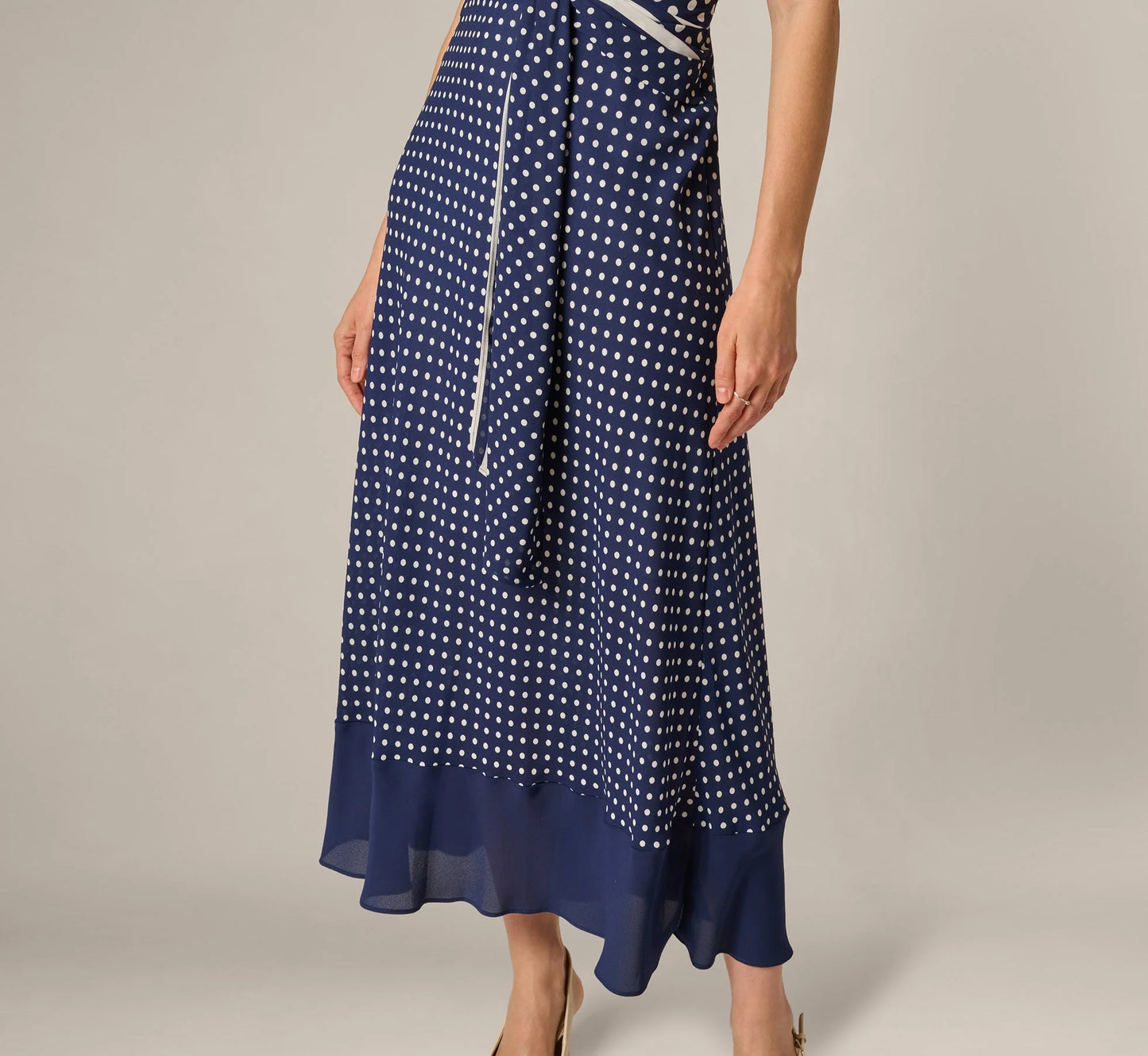 Dot Print Chiffon Halter Maxi Dress With Sash Waist In Navy Ivory