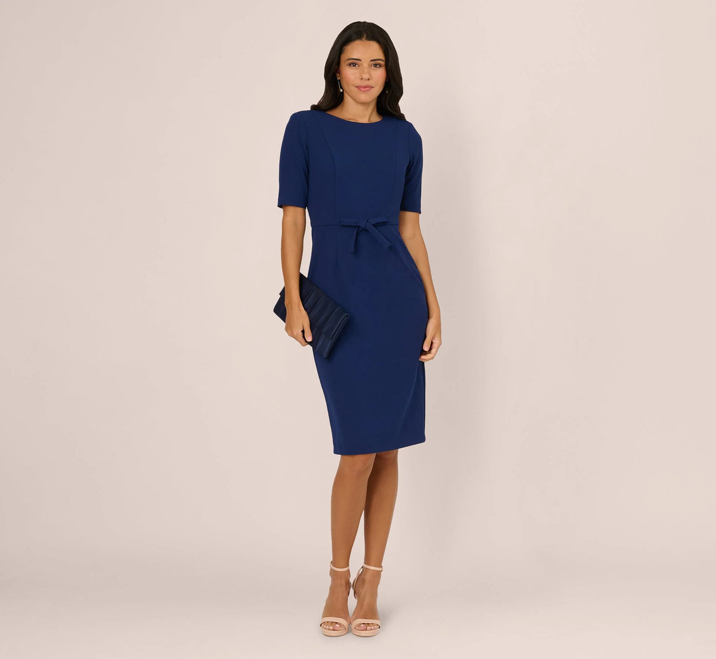Short Sleeve Bow Waist Sheath Dress In Navy Sateen