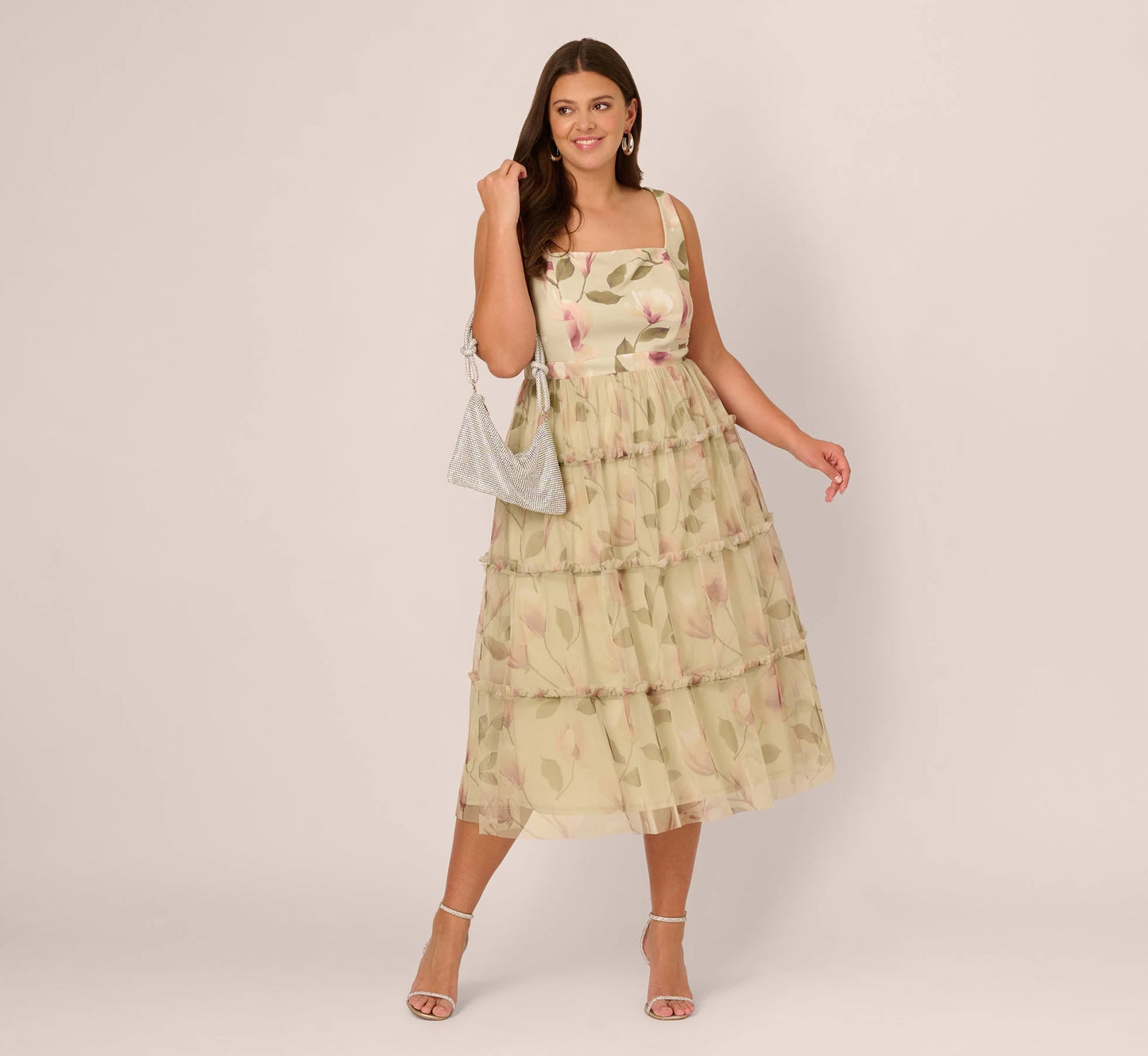 Plus Size Sleeveless Square Neck Floral Tiered Midi Dress In Green Multi