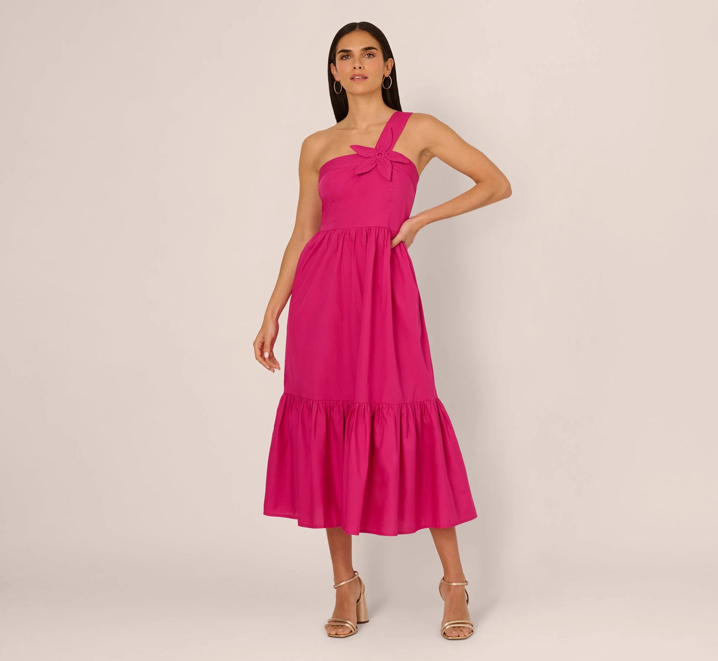 One Shoulder Floral Applique Cotton Midi Dress In Pink