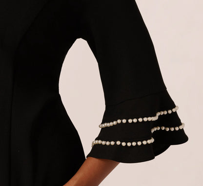 Plus Size Three Quarter Bell Sleeve Pearly Trim Sheath Dress In Black Ivory