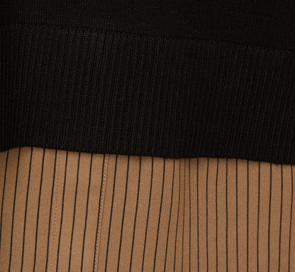 Long Sleeve Collared Printed Twover Sweater In Black W  Mocha Petite Stripe