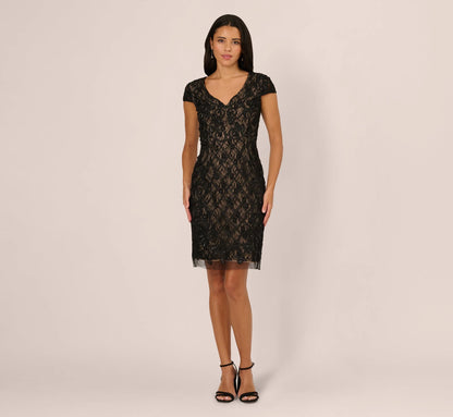 Cap Sleeve Soutache Lace Beaded Midi Dress In Black Nude