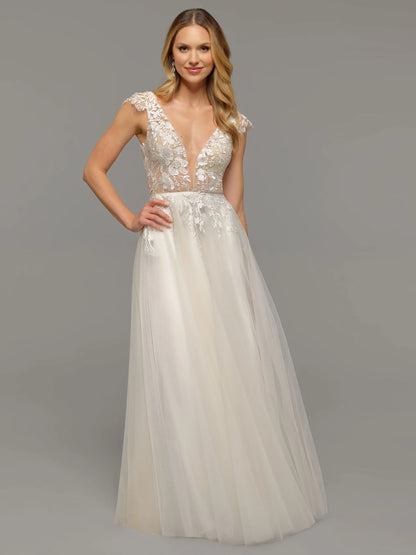 A LINE TULLE CAP SLEEVE WEDDING DRESS WITH LACE