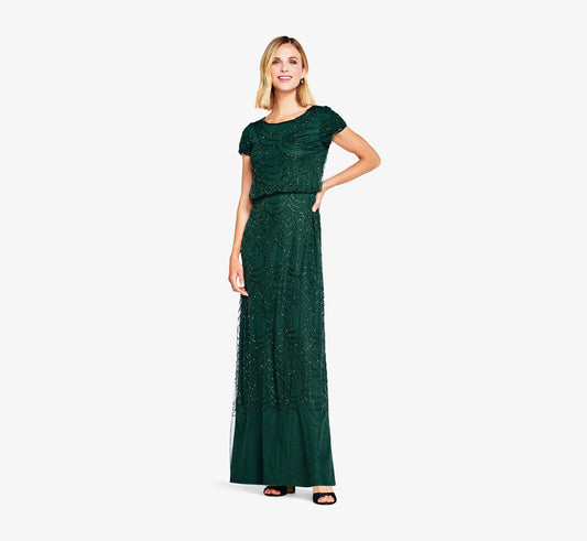 Short Sleeve Beaded Blouson Gown In Dusty Emerald