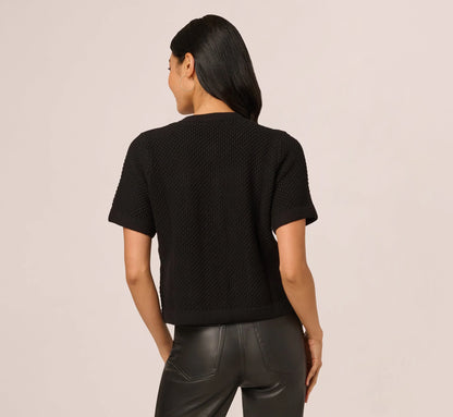 Short Sleeve Textured Cardigan Sweater In Black