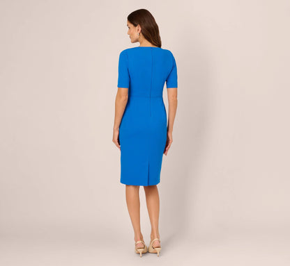 Short Sleeve Bow Waist Sheath Dress In Cool Cobalt