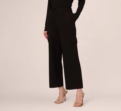 Ponte Knit Wide Leg Cargo Pant In Black
