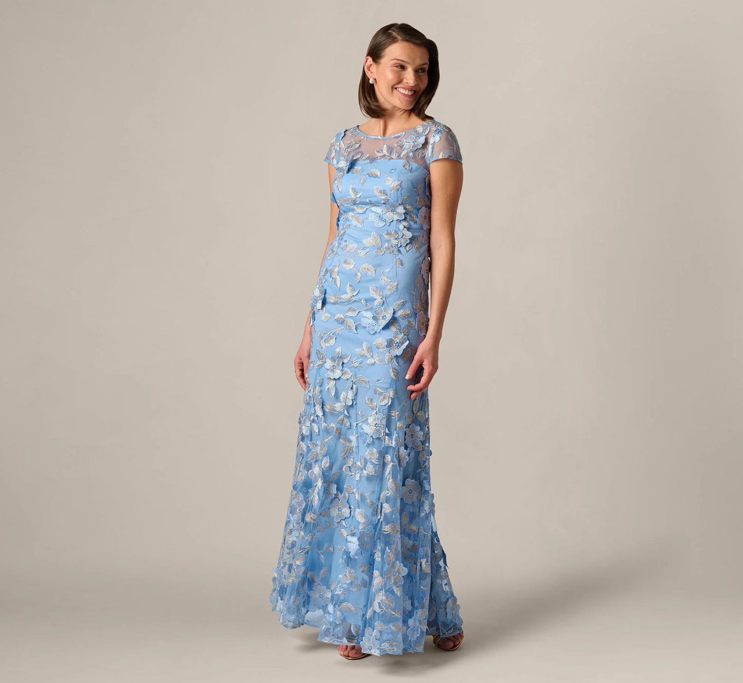 Cap Sleeve Floral Embroidered Illusion Godet Gown In Light Blue Gold