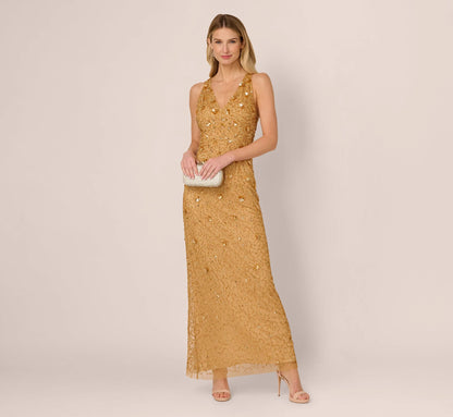 Sleeveless V Neck 3D Floral Beaded Gown In Golden Ray