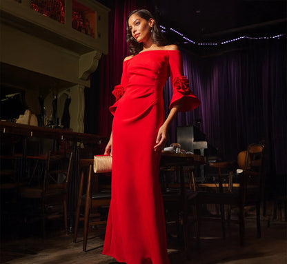 Off Shoulder Bell Sleeve Rosette Gown In Super Red