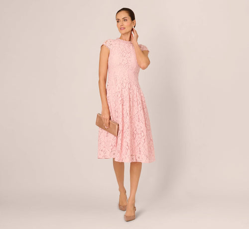 Cap Sleeve Pearly Lace Midi Dress In Blush Whisper