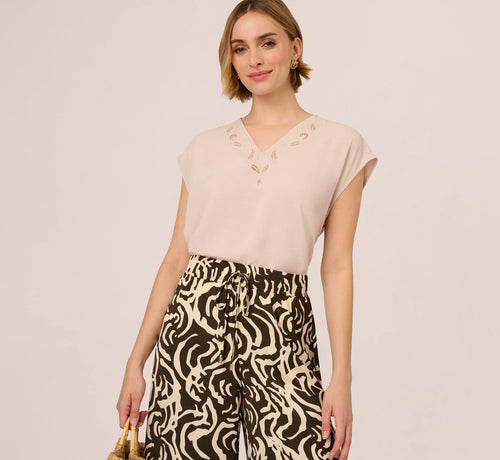 Sleeveless Embroidered V Neck Top In Pebble