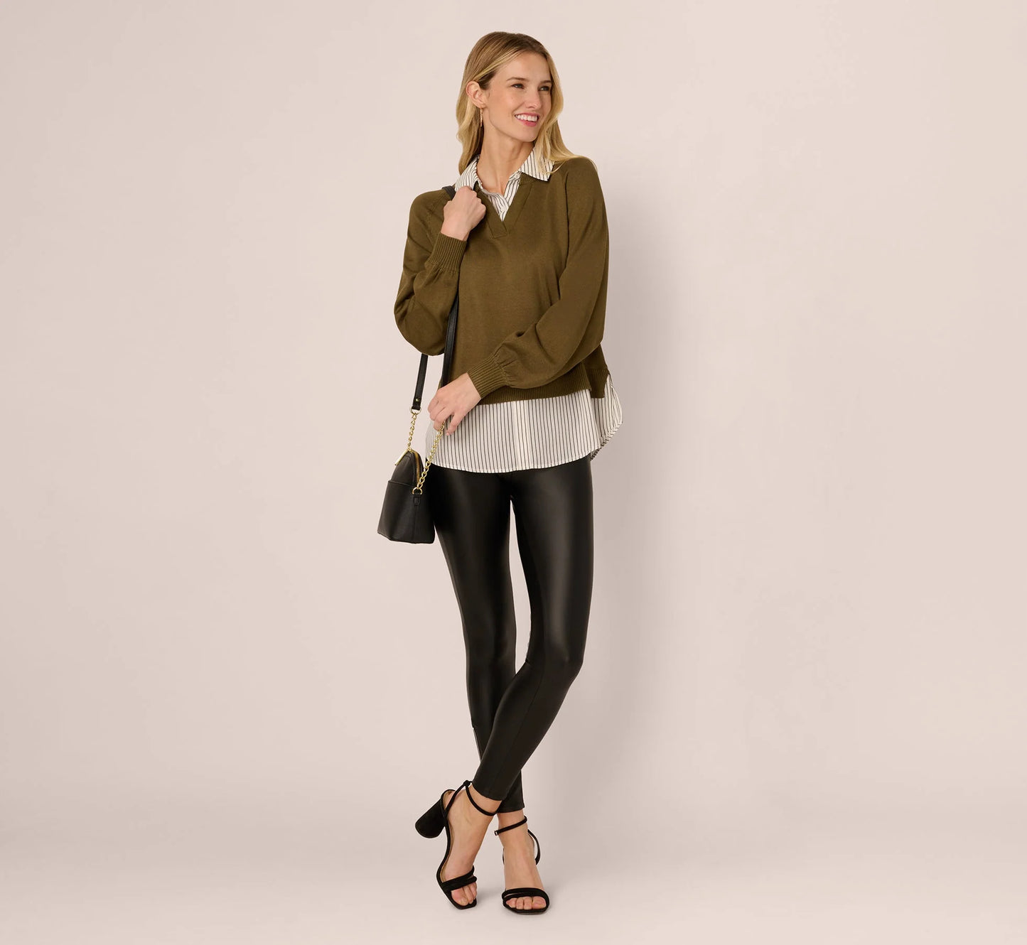 Long Sleeve Collared Printed Twover Sweater In Oak Olive W Iv Blministripe